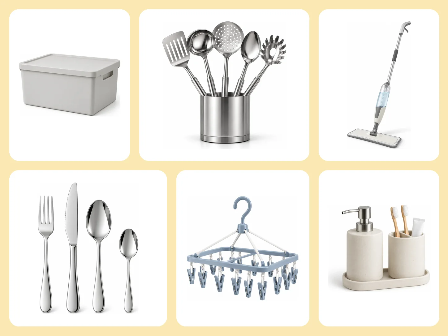 A collage of DAY2DAY LIVING products: a stackable storage box, a stainless steel kitchen utensil set, a spray mop, a stainless steel cutlery set, a multi-peg laundry hanger and a soap dispenser and toothbrush holder set
