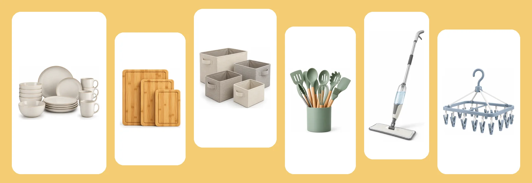 A row of DAY2DAY LIVING products: an everyday ceramic dinnerware set, a bamboo cutting board set, foldable fabric storage bins, a silicone cooking tool set, a spray mop and a multi-peg laundry hanger
